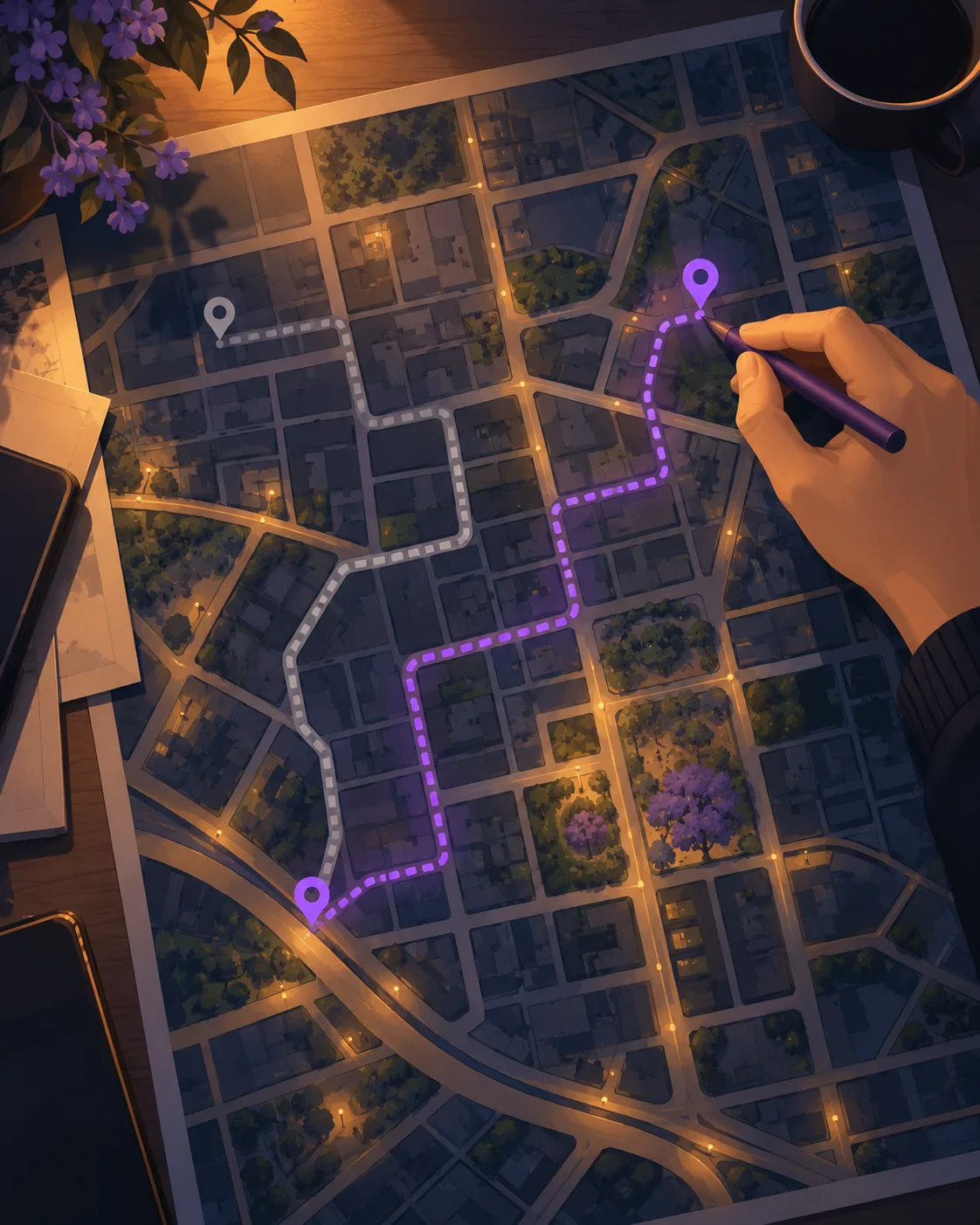 Una mano dibuja sobre un mapa nocturno una ruta distinta a la marcada.