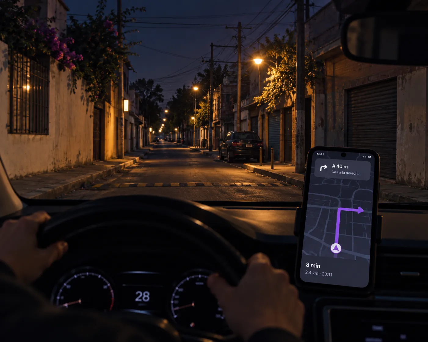Vista desde el asiento del conductor, de noche, con el mapa indicando dar vuelta hacia una calle oscura.