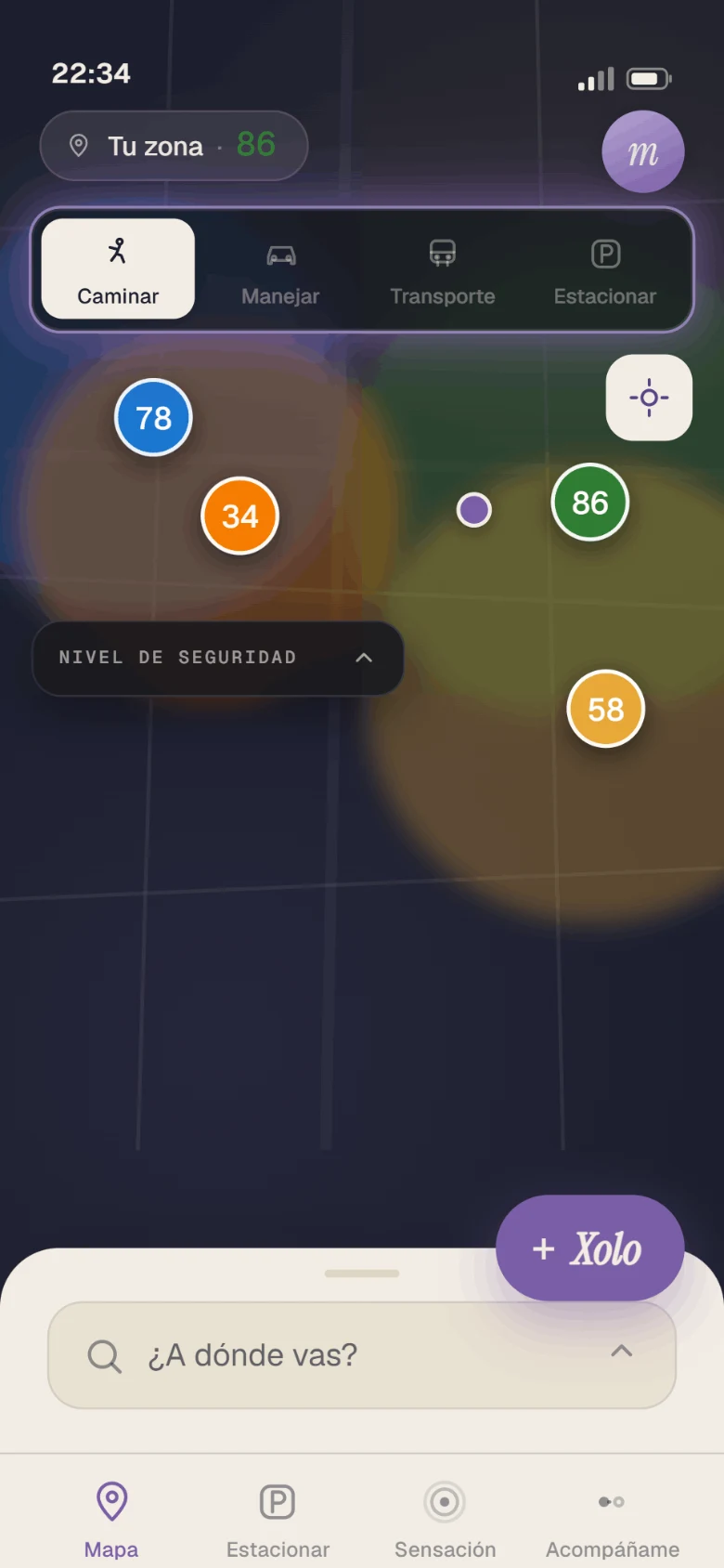 Mapa de Xolo con zonas de CDMX calificadas y el conmutador Caminar, Manejar, Transporte, Estacionar.