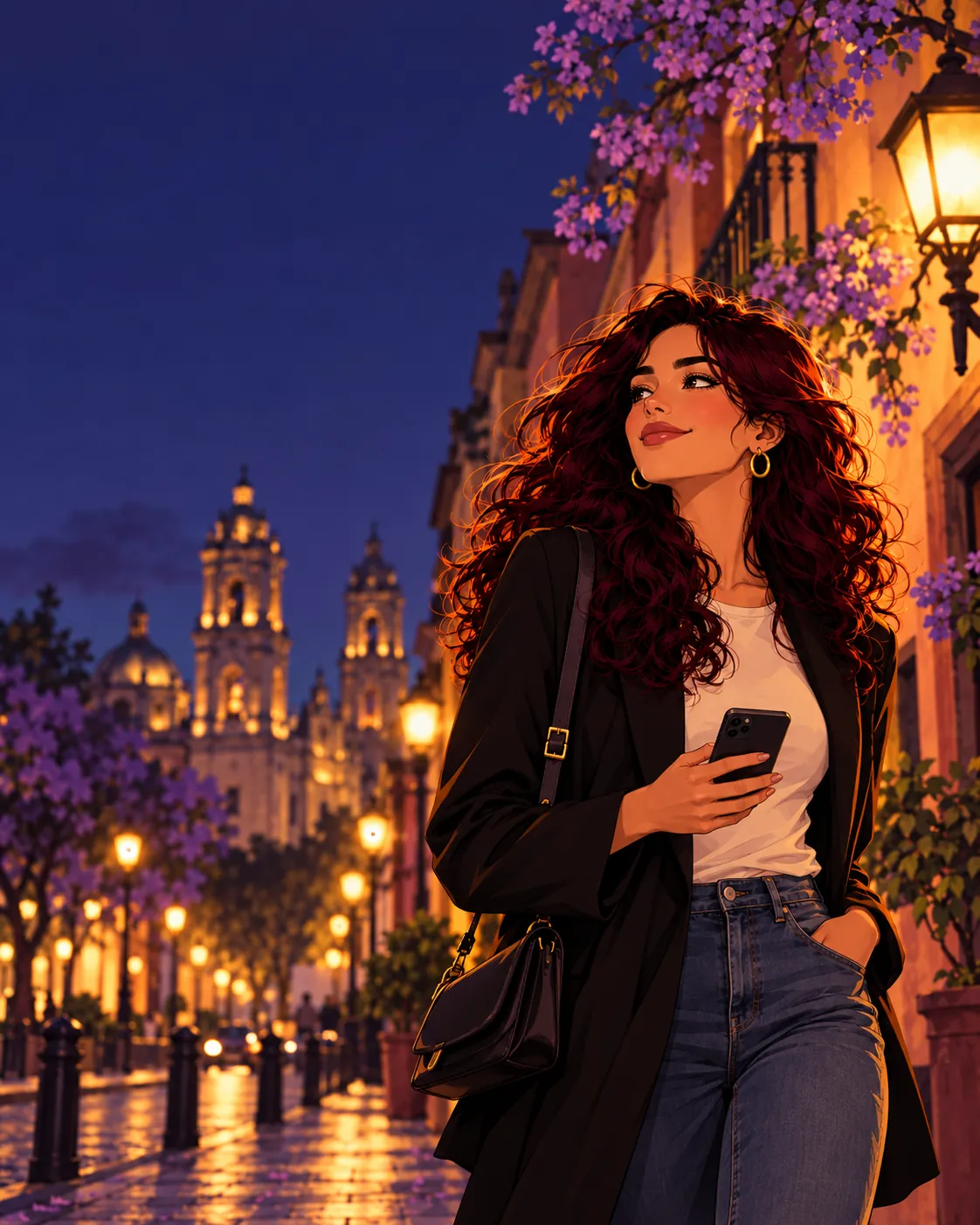 Una mujer camina de noche por una calle con jacarandas, tranquila, con su celular en la mano.